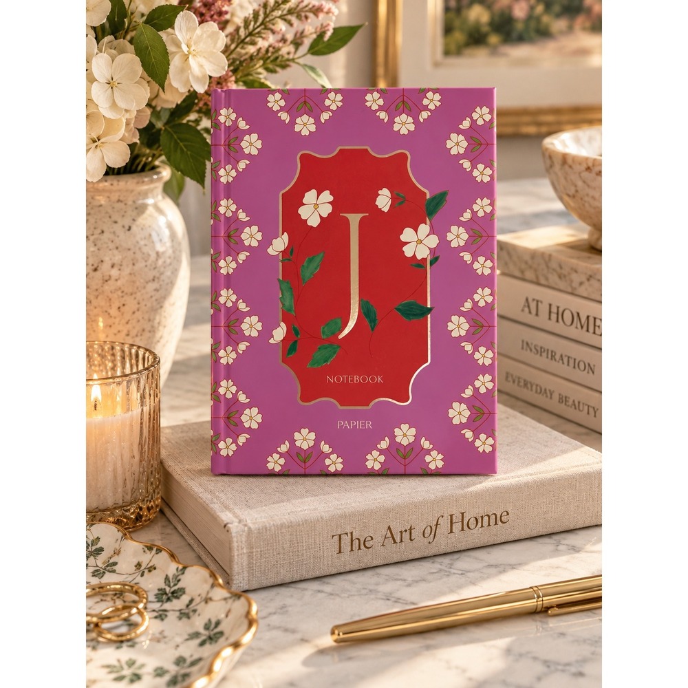 Papier Monogram J Lined Notebook Hardcover Journal Purple Floral 5x7 192 Pages